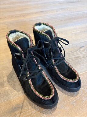 Penelope Chilvers Black Lace-Up Pony Fur and Shearling Fur-Trim Boots with Trim